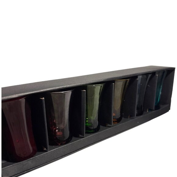 6 Bombay Colored Shot Glasses In Gift Box 2.5 Oz Capacity Multicolor Design - Picture 1 of 12